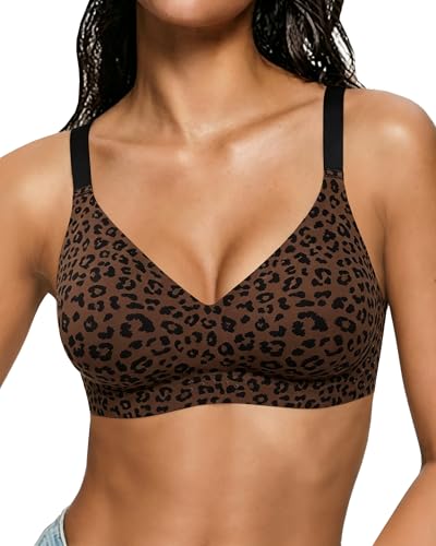 As Fairy Bras for Women Wireless Wirefree Jelly No Underwire Full Coverage Seamless Comfortable Breathable Airhole Bra（Leopard Brown 38DD）