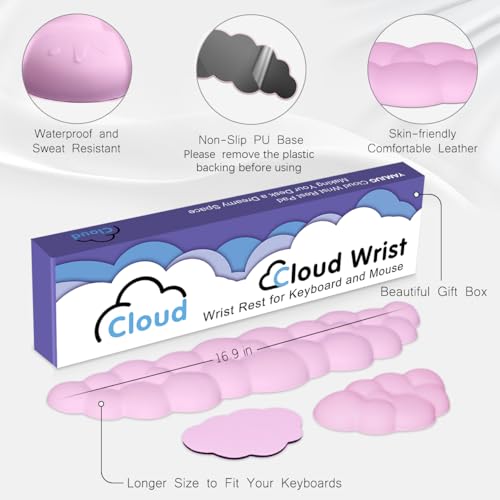 Image of 4 in 1 Ergonomic Leather Cloud Wrist Rest Keyboard and Mouse Pad & Coaster | Full 4-Piece Set, Non-Slip PU Base, Soft Memory Foam Comfort For Long Work /Gaming Hours, Cute Desk Decor, Easy To Clean