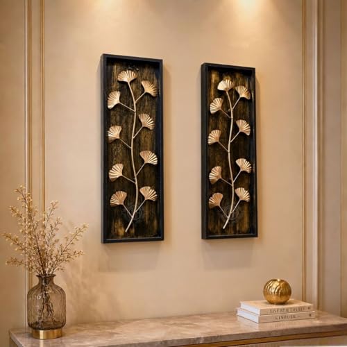 Image of DSH Leaf Wall Art Panels Modern Rustic Home Decor Wall Hanging Sculpture for Living Room, Bedroom & Office (45X15 CM) Decoration Item (Ginkgo Leaf, 2 Frames)