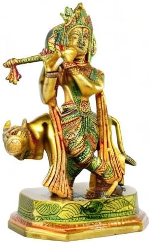 Miniatura 5 de StonKraft - Lord Krishna Kishan Kanha con escultura de ídolo Murti de vaca Kamdhenu - Latón - 8 pulgadas - Multicolor
