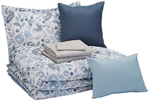 Amazon Basics 8-Piece Bed-In-A-Bag - Soft, Easy-Wash Microfiber - Twin/Twin Xl, Blue Watercolor Floral #TOP1