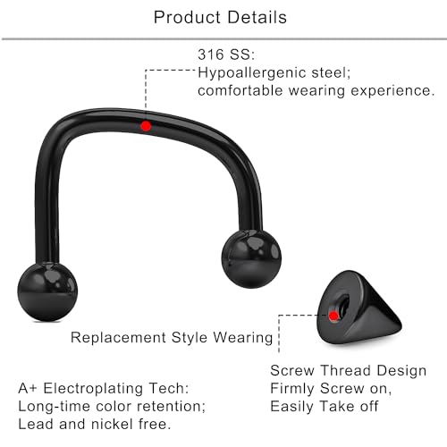Lcolyoli 16G Labret Jewelry Surgical Steel Lip Rings Hoops C-Shaped Snake Bite Piercing Jewelry Medusa Piercing Jewelry for Women Men Black by Lcolyoli - Used condition - Image 3