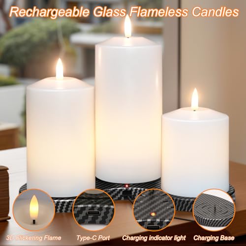 Image of GenSwin Rechargeable Flameless Candles Battery Operated with Remote Timer | LED Pillar Candles, Party /Wedding /Home Decor, White, 3 Pack, D3x H4.6 inch5.8 inch6.8 inch