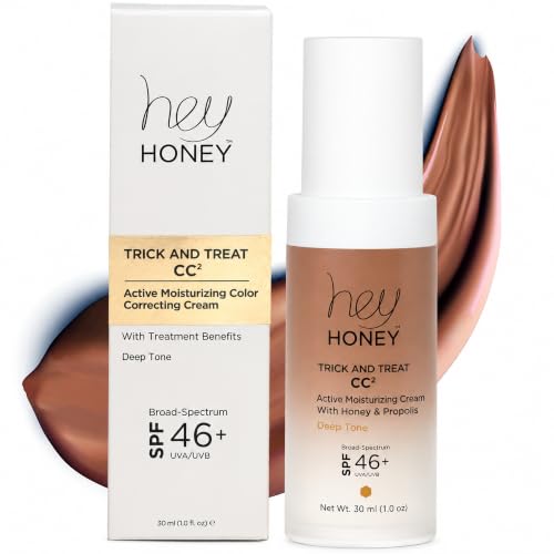 Hey Honey Trick and Treat Moisturizing CC Cream SPF 46, Mineral Sunscreen Color Correcting Foundation for Redness, Rosacea and Mature Skin, Honey and Propolis, Shade Adjusting, 1 oz (Deep)
