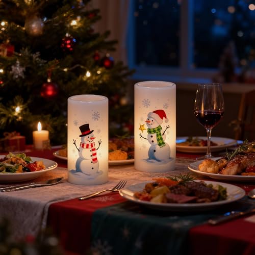 Image of Eldnacele Christmas Snowman Flameless Candles Battery Operated with Remote and Timer Real Wax Flickering LED Pillar Candles Xmas Holiday Indoor Decor(2 Pack, 3 inch D x 6 inch H)