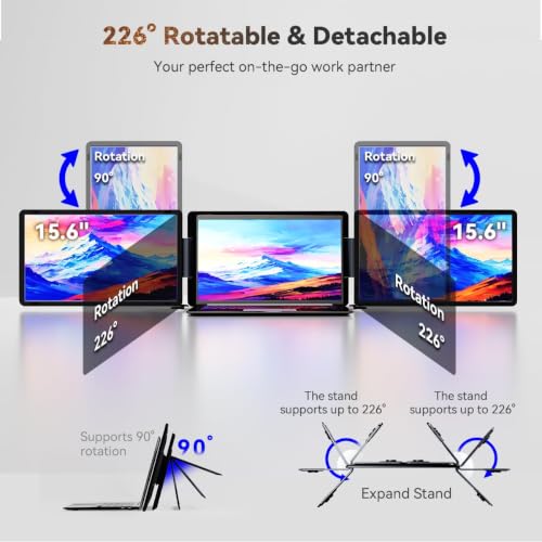 Image of Laptop Screen Extender 15.6 inch Detachable Portable Monitor for Windows | Triple Screen Laptop Monitor Extender for 13-17.3 inch MacBook (excl. M1 M2 M3) FHD IPS Plug&Play for Travel Business Watch Party