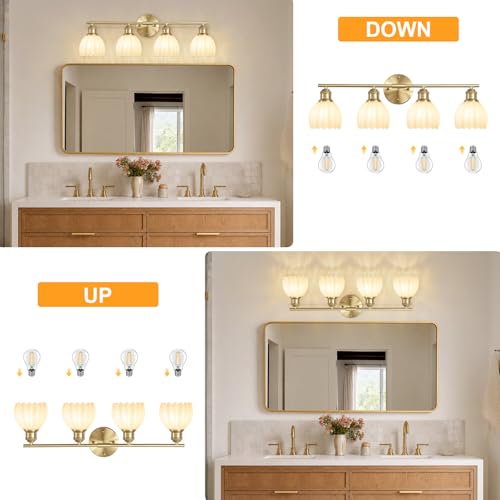 Image of Bathroom Light Fixtures, 4-Light Brushed Gold Vanity Lights for Bathroom with White Tulip Glass Shade, 26 inch Vintage Bathroom Vanity Lighting Fixtures Over Mirror for Bedroom Living Room Hallway