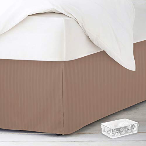 Image of Nestl Twin Bed Skirt - Damask Dobby Stripe Wrap Around Bed Skirt - Double Brushed Microfiber 14 in Tailored Drop Pleated Bed Ruffle with Bed Skirt Pins - Taupe