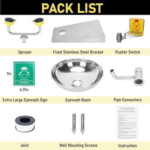 lukar Eye Wash Station Wall Mounted, 304 Stainless Steel Eye Wash Station, Emergency Eyewash Station with Eye Irrigation Sign, Adjustable Spray Heads Eye Wash Units