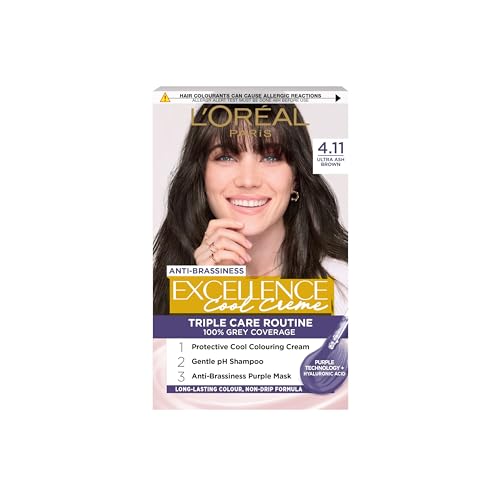 L'Oréal Paris Excellence Cool Crème Permanente Haarfarbe, strahlende Haarfarbe für zu Hause mit bis zu 100% Grauabdeckung, Pro Keratin, bis zu 8 Wochen Farbe, Farbe: 4.11 Ultra Aschbraun