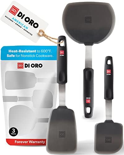 DI ORO Silicone Turner Spatula Set - Kitchen Spatulas for Nonstick Cookware - Flexible & Thin Cooking Turners for Flipping Pancakes & Eggs - 600°F Heat-Resistant & BPA Free - Dishwasher Safe (Black)