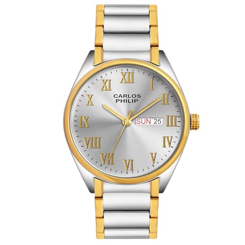 Image of Carlos Philip Men's Roman Numeral Analog Watch - Day and Date Display, Stainless Steel Strap, Quartz Movement, Business Style Watch for Men