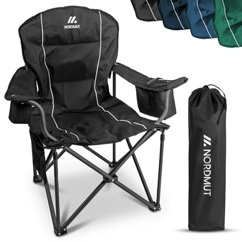 NORDMUT® Silla de Camping Plegable Ligera – Resistente con Capacidad de 200 kg – Cómoda Silla de Pesca con Bolsa térmica práctica y portavasos (Negro 1x)