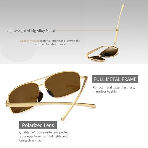 Image of SUNGAIT Ultra Lightweight Rectangular Polarized Sunglasses UV400 Protection (Gold Frame Brown Lens, 62) Metal Frame SGT458 JKC-CA