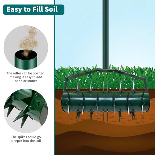 Aerifizierer für Rasen, Walzentyp Rasenbelüfter, Manueller Rasenrolle mit Stiel & 5cm Nägeln & Spritzschutz, Handvertikutierer Rollend für Höfe und Rasenflächen im Garten,Handvertikutierer befüllbar