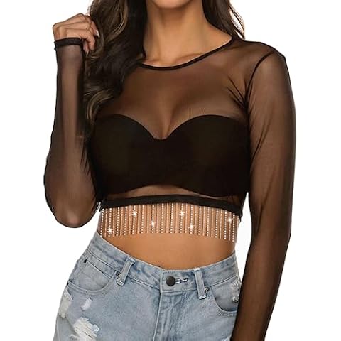 MYMORE Womens Rave Club Mardi Gras Outfit Disco Country Concert Festival Stripper Outfits Crop Top Shirt Black L Cover