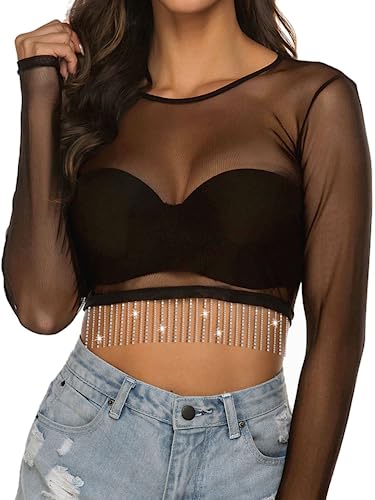 MYMORE Womens Mardi Gras Madonna Country Concert Outfit Stripper Clubbing Long Sleeve Crop Tops Shirt Black XL