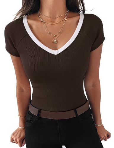 Aottori Tee Shirt Femme Col V Été T-Shirt à Manches Courtes Côtelé Top Tshirt Basique Coupe Ajustée Extensible Décontracté Haut Brun M