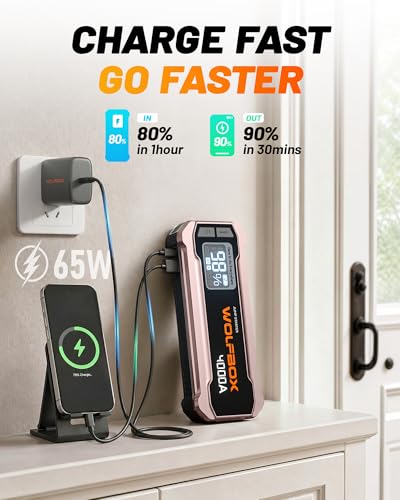 Image of WOLFBOX 4000A Jump Starter,12V Car Battery Jumper Starter Portable with 65W Quick Charger,LED Display,88.8Wh Booster Jump Box Pack (10L Gas 10L Diesel Engine) with LED Light,Jumper Cables, Rose Gold