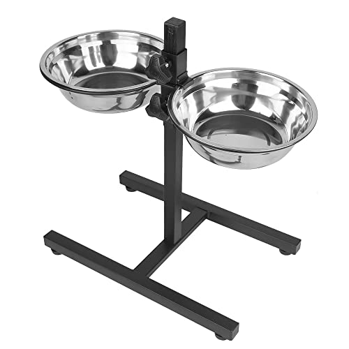Gamelles pour chiens réglables en hauteur, support bois avec écuelles 1,8L