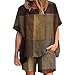 Mesdames Ample décontracté col Rond imprimé Coton Lin Deux pièces Short Costume Harnais Cuir (Yellow, XXL)