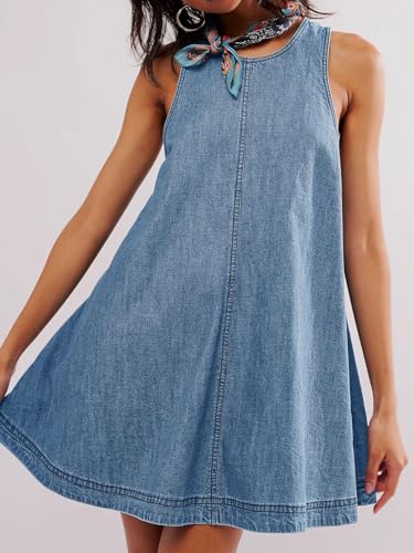 Image of utcoco Women's 2026 Summer Sleeveless Denim Mini Dress Back Cut Out A Line Swing Jean Tank Dress