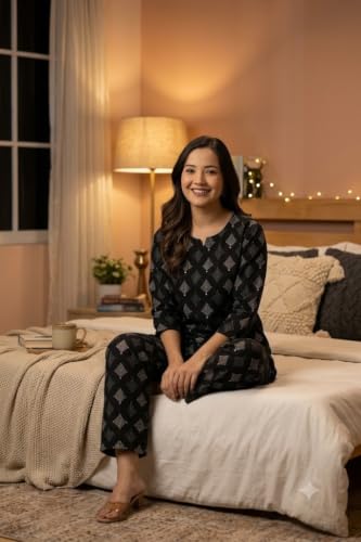Image of Women's Pure Cotton Printed Night Suit,Top and Relaxed Pajama Set, Stylish Sleepwear
