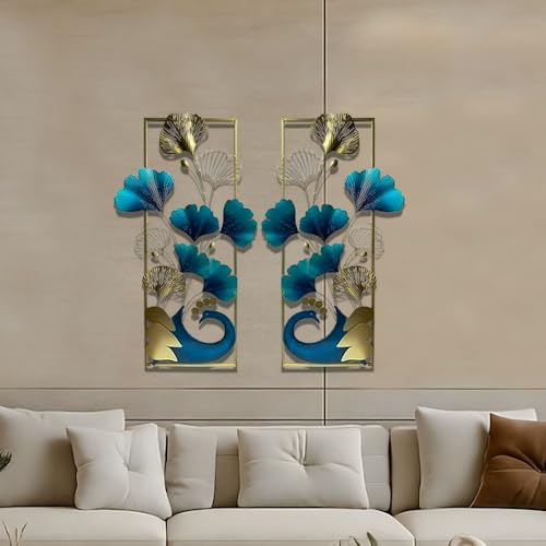 Image of Handcrafted Metal Abstract Wall Art Multicolor Large Peacock Wall Frame Sculpture for Living Room, Bedroom, Drawing Room & Home Decoration (Set of 2)