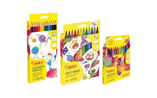 Jovi - Pack Escolar 36 Unidades, 12 Lápices de Colores, 12 Rotuladores Lavables, 12 Ceras, Material Escolar