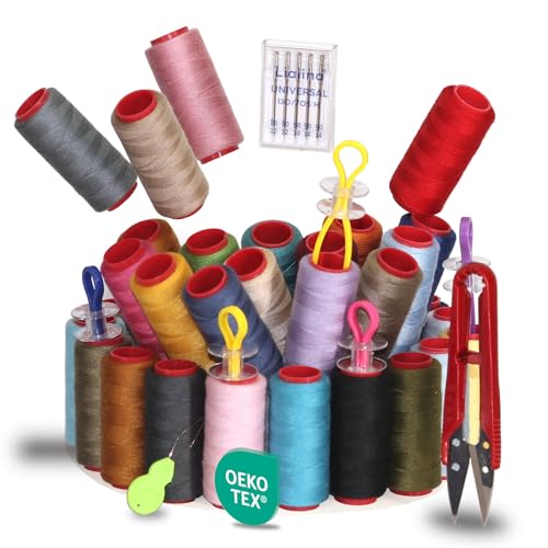 Kit de hilo de coser para máquina de coser – 32 colores cada 250 m, accesorios de costura con agujas para máquina de coser, tijeras de hilo, bobinas de hilo inferior, soporte de bobina y enhebrador