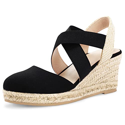 mysoft Women's Closed Toe Crisscross Elastic Ankle Strap Platform Espadrille Wedge Sandals