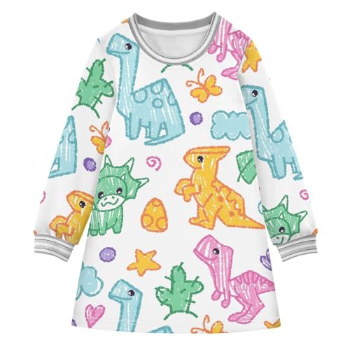 Crayon Dinosaur Girls Dresses Long Sleeve Sweatshirt Dress for Girls Winter Toddler Casual A Line Dresses Size 2-8T