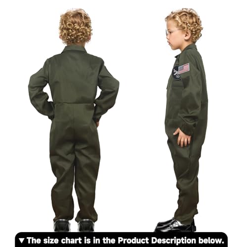 VZQI Flight Suit for Kids Costumes Air Force Pilot Halloween Cosplay for Boys with Sunglasses Green