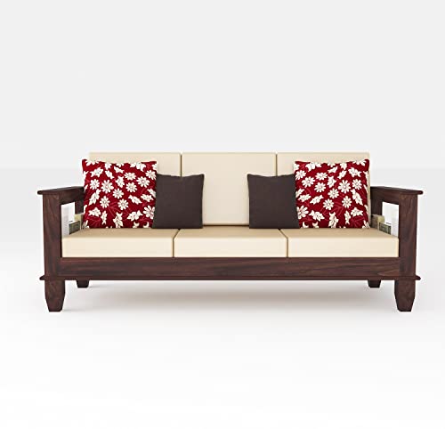 Image of Solid Sheesham Wood Sofa Set 3 Seater | Wooden 3-Person Sofa Couch for Home Office | Sofa Sets for Living Room | Three Seater Sofa with Side Magzine & Newspaper Holder | Walnut Finish