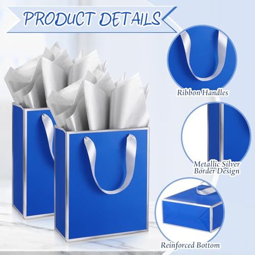 Image of Yeaqee 24 Pack Metallic Paper Gift Bags, Royal Blue,Silver | with Satin Ribbon Handle and Tissue, 9x7x3.1 Inch, Suit Business, Birthday, Christmas, Thank You Return Gifts Bags