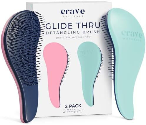 Crave Naturals Glide Thru Detangler Brush Pack of 2 - Curly Hair Brush for Women and Kids - Wet and Dry Comb for Adults - Soft Flexible Bristles for Gentle Use - Turquoise and Pink