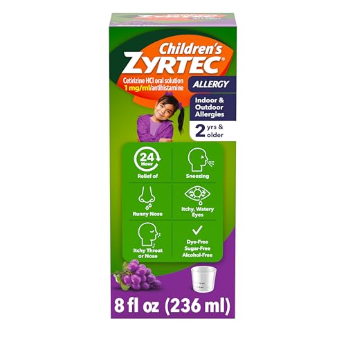 Image of Zyrtec Children’s 24-Hour Allergy Relief Syrup, 5 mg Cetirizine Hydrochloride Antihistamine, Kids Allergy Medicine for Indoor/Outdoor Allergies & Hay Fever, Dye-, Alcohol- & Sugar-Free, Grape, 8 fl oz