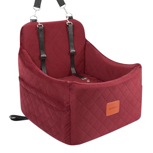 Dog Booster Car Seat for Dogs up to 35lbs, Safety Pet Car Seats with Anti-Slip Bottom, Travel Booster Dog Bed with 2 Storage Pockets (Wine Red, Medium)