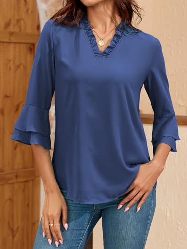Famulily 3/4 Sleeve Tops for Women UK Ruffled V Neck Blouses Double Layered Chiffon Pleated Shirts (XXL, Royal Blue) - Image 6