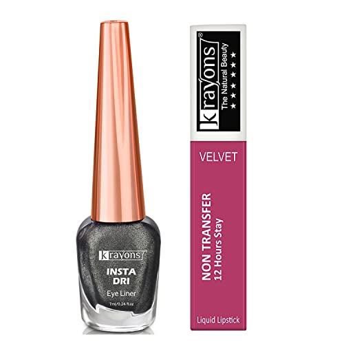Image of Krayons Insta Dri Sparkling Eyeliner, Grey, 7ml And Power Stay Nontransfer 12hrs Stay Matte Liquid Lipstick, Pink Glam, 4ml