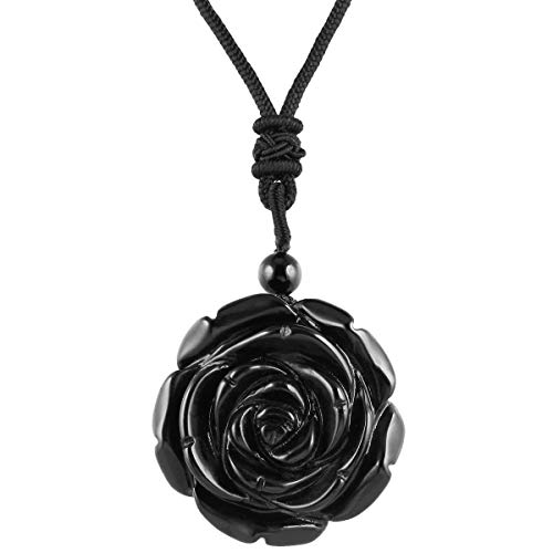 Rockcloud Hand Carved Black Obsidian Rose Flower Crystal Stone Pendant
