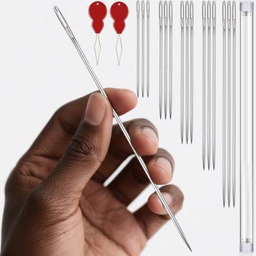 Extra Long Sewing Needles 15 Pcs & 5 Sizes Upholstery Needles 4/5/6/7/8 inch Hand Sewing Needles for Stitching and Crafting Projects Quilting Needles Large Eye with 2 Needle Threaders