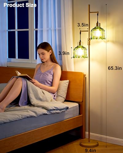 Image of Lightdot 2- Light Gold Flower Floor Lamp, 65IN Green Glass Floor Lamps with 3000K Warm White Bulbs, Modern Standing Tall Lamp with 5Lbs Heavy Base for Living Room Bedroom Home Office Sofa Beside