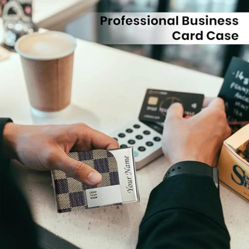 Image of Mini2buy Customized Unisex Vertical Card Holder Name Engraved for Credit|Debit|ATM|Business Visiting RFID Blocking Stainless Steel (1 x 10 x 6 cm) Personal Corporate Gift (LV Brown)