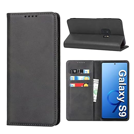 Handyhülle für Samsung Galaxy S9, Leder Wallet Schutzhülle Mit Kartenfach, Standfunktion, Stoßfest, Klapphülle, Flip Case Cover (Schwarz)