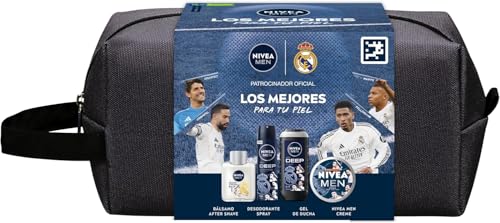 NIVEA MEN Pack Real Madrid Edición Limitada para Hombre - Incluye Sensitive Aftershave 100 ml, Desodorante Spray Deep 150 ml, Gel de Ducha Deep 250 ml, NIVEA Creme 150 ml - Cuidado Facial y Corporal