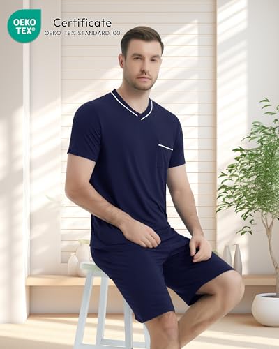 Image of NACHILA Pajamas Set for Men-Viscose Made from Bamboo, Short Sleeve Sleepwear Cool Pjs with Shorts Pants Soft Loungewear
