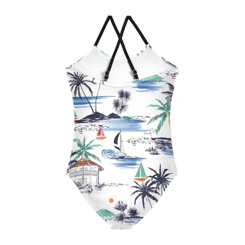 Girls One Piece Swimsuits Summer Island Pattern with Palm Trees Sport Halter Swimwear Beach Bathing Suit, 3T2