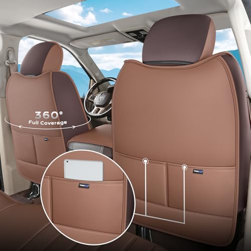Image of Truckiipa Dodge Ram 2 Front Seat Covers Custom Fit for 2002-2025 2026 1500 2500 3500 Pickup Crew Double Quad Cab Laramie Big Horn Full Coverage Waterproof Leather Truck Seat Protectors, Brown
