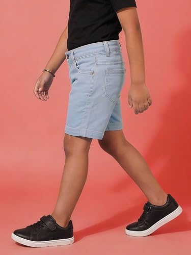 Image of KiddoPanti Boys Knee-Length Denim Shorts | Stretchable Cotton Poly Denim | Comfortable Fit with Button Elasticated Waistband & Zip Fly